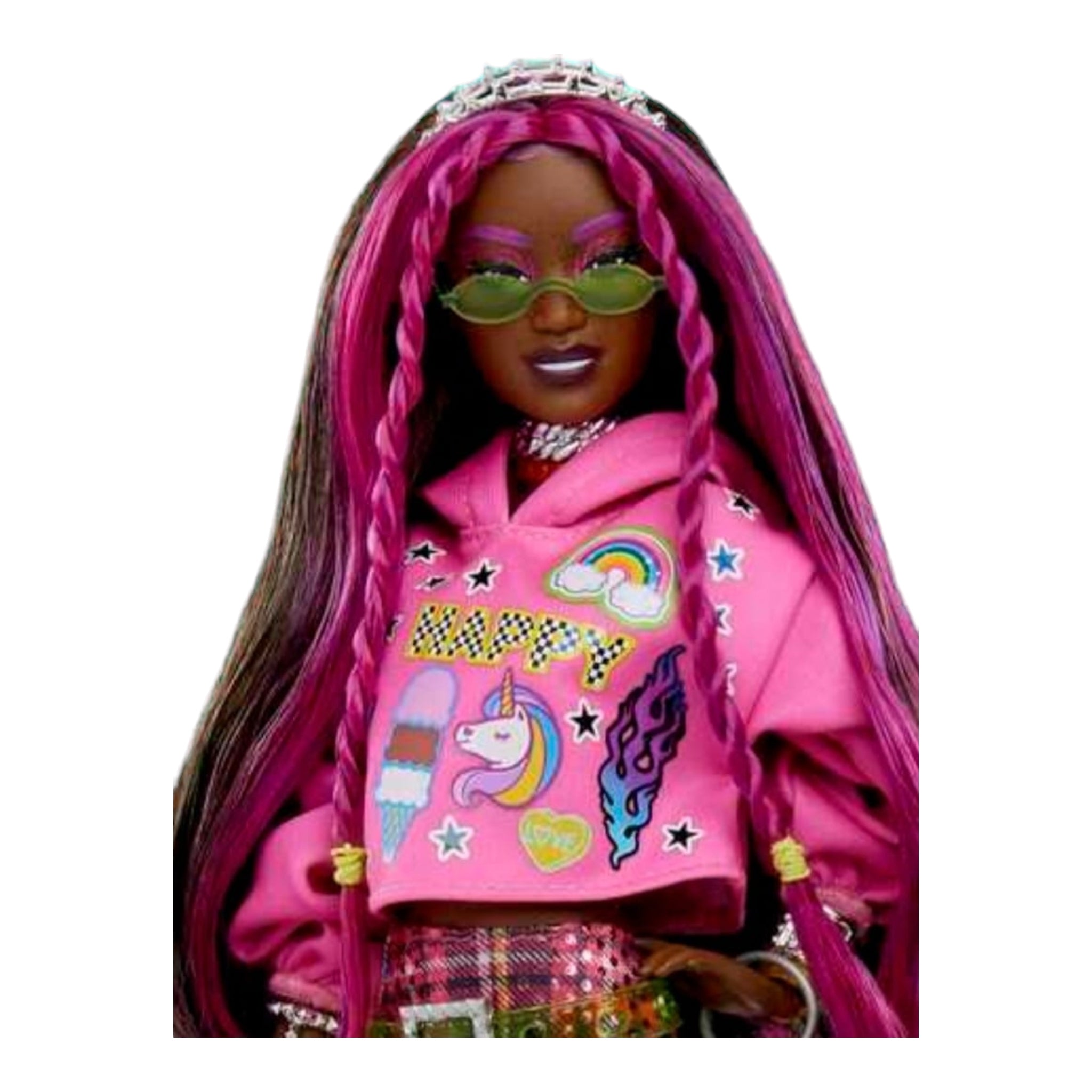 Prachtige, roze barbie pop met donkere huidskleur. Te koop bij Colourful Goodies.