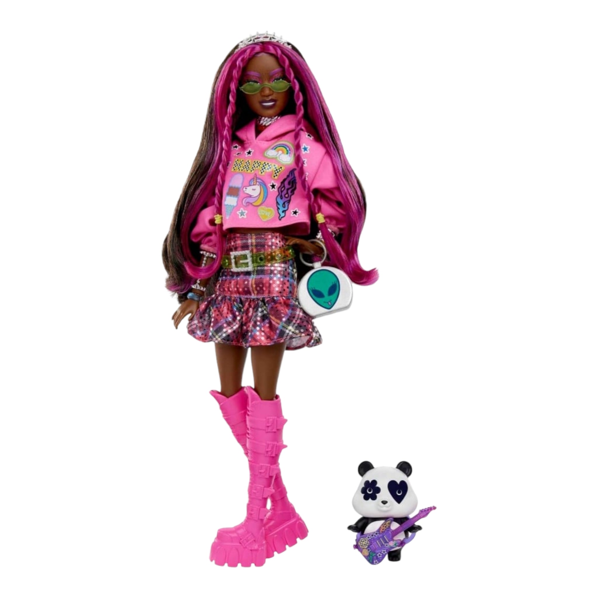 Prachtige, roze barbie pop met donkere huidskleur. Te koop bij Colourful Goodies.