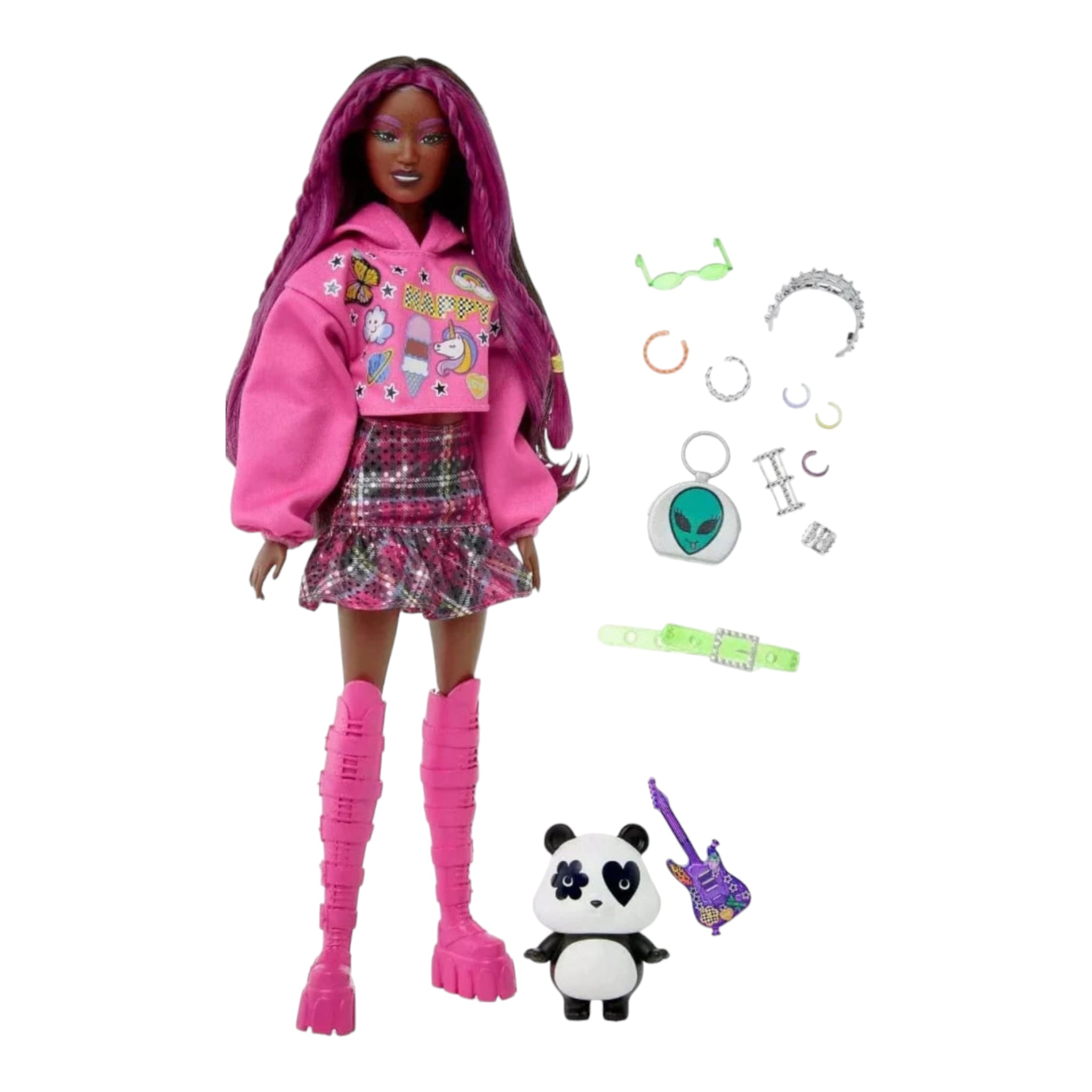 Prachtige, roze barbie pop met donkere huidskleur. Te koop bij Colourful Goodies.