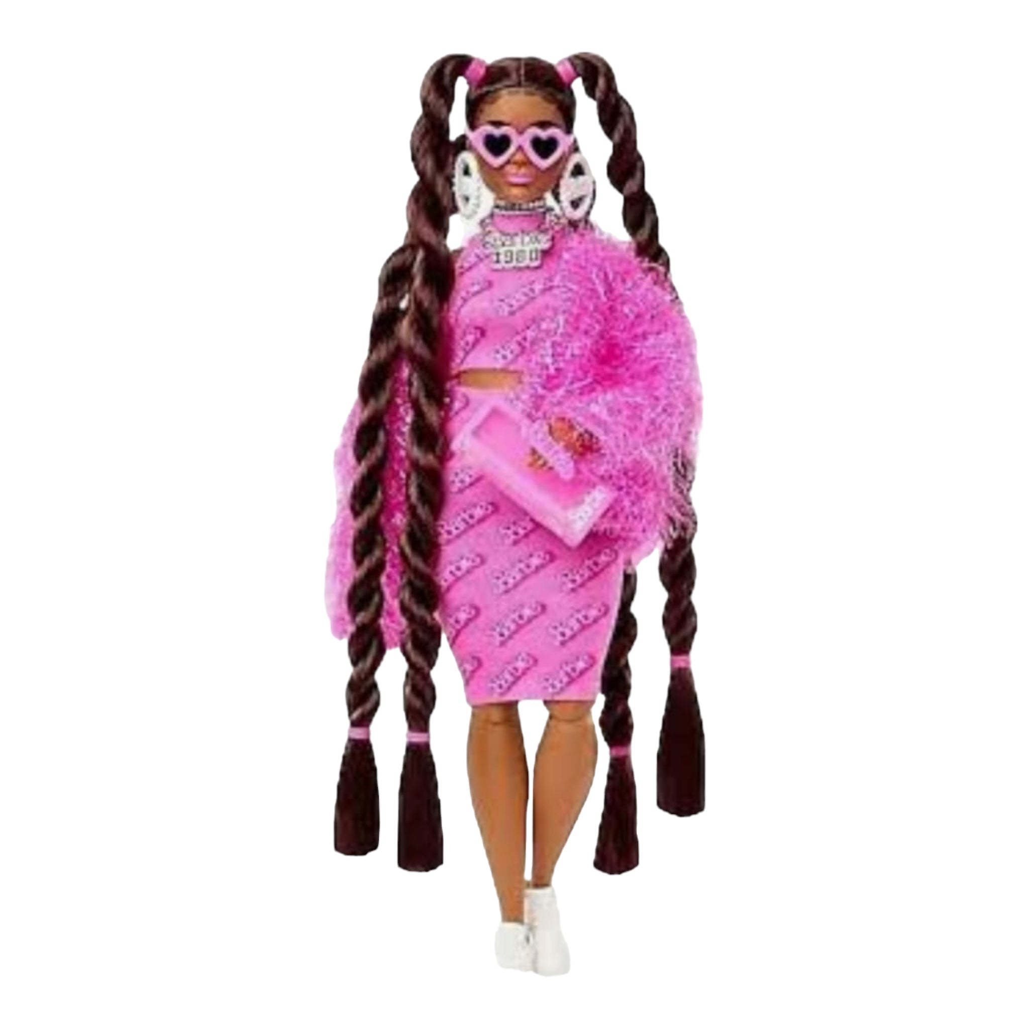 Prachtige, roze barbie pop met donkere huidskleur. Te koop bij Colourful Goodies.